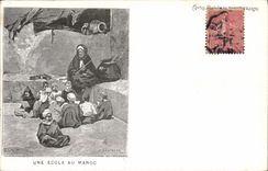 VINTAGE POSTCARD North Africa Fantasy Illustrator a school in Morocco