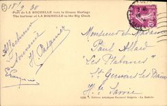 VINTAGE POSTCARD Boat of La Rochelle sin towards the large clock