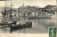 VINTAGE POSTCARD Fishing Vessel Menton the port and the city