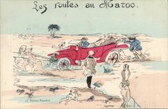 VINTAGE POSTCARD Fantasy North Africa Illustrator roads of Automobile North