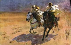 VINTAGE POSTCARD Fantasy North Africa Illustrator Between two Oases Checa Horse