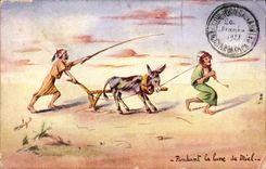 VINTAGE POSTCARD Fantasy North Africa Illustrator During the honeymoon Ass Mule