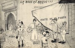 VINTAGE POSTCARD Fantasy North Africa Illustrator Fashion in Morocco Coffee of the Post office