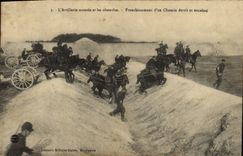 Fantasía de Militaria de la POSTAL de la VENDIMIA la artillería montada y el cruzar de los obstáculos de una manera estrecha y de cajas
