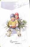 CPA Fantaisie Illustrateur Feiertug Enfants Luge
