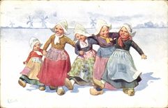 CPA Fantaisie Illustrateur Feiertug Enfants Moulins a vent