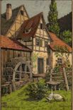VINTAGE POSTCARD Fantaisie Illustrator House Water mill