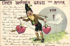 CPA Fantaisie Lutin Gruss von Amor Coeur
