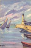 VINTAGE POSTCARD Fantasy Illustrator Boat Lighthouse