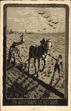 VINTAGE POSTCARD Fantasy Illustrator While waiting for the return Ploughing Horse