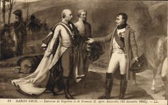Entrevista de barón Gros de Napoleon de la POSTAL de la VENDIMIA 1ra de Napoleon y de François II después de Austerlitz