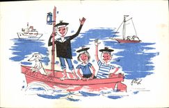 Perro del barco de los niños del ilustrador de la fantasía de la POSTAL de la VENDIMIA