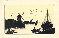 CPA Contre la lumiere Bateau Moulin a vent