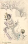 CPA Fantaisie Femme Enfants Ombre chinoise Lapin