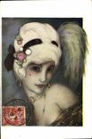 VINTAGE POSTCARD Fantasy Illustrator Woman the white wig by Fontan Hairdresser Hairstyle
