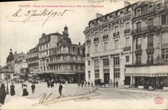 VINTAGE POSTCARD Banque Troyes Places Old butcheries and street of the Republic General society