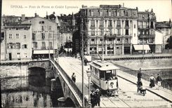 VINTAGE POSTCARD Bank Epinal Bridge of stone and Crédit Lyonnais Tram