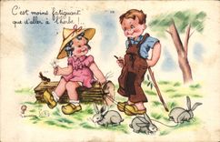 VINTAGE POSTCARD Fantasy Illustrator Children Gougeon Rabbit Rabbits