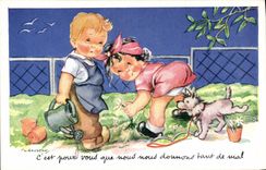 VINTAGE POSTCARD Fantasy Illustrator Gougeon Children Dog