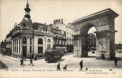 VINTAGE POSTCARD Banque Dijon Banks National of Credit and Porte Guillaume Tramway