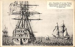 VINTAGE POSTCARD Napoleon 1st Loading of Napoleon on Bellerophon in front of the Island of Aix July 15th, 1815 Boat
