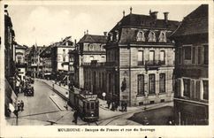 VINTAGE POSTCARD Banque de France and street of the Savage Mulhouse Tram