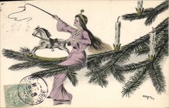 VINTAGE POSTCARD Fantasy Illustrator Woman Fir tree Horse