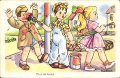 VINTAGE POSTCARD Fantasy Illustrator Children Love at first sight