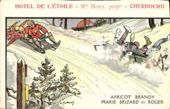 VINTAGE POSTCARD Fantasy Illustrator Hotel of Etoile Henry Cherbourg Apricot Brandy Marie Brizard and Roger Toboggan Bobsleigh