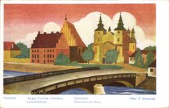 VINTAGE POSTCARD Fantasy Illustrator Poznan 30 IX 1929 Fair general Polish Poland Poland the cathedral