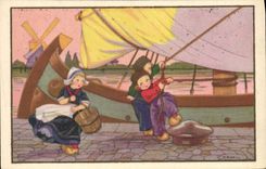 CPA Fantaisie Illustrateur Enfants Bateau Moulin a vent