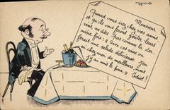 CPA Fantaisie Illustrateur Homme a table 