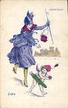CPA Fantaisie Illustrateur Femme Chapardeur Ange 