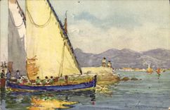 VINTAGE POSTCARD Fantaisie Illustrator Dimensions Azure Cannes Barques of the port of the Small cross Boats