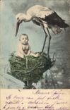 VINTAGE POSTCARD Fantasy Baby Child Stork