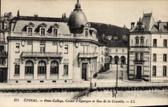 VINTAGE POSTCARD Epinal Bank Small College Savings bank and street of the Comedy