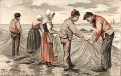 VINTAGE POSTCARD Fantasy Illustrator Besnou Mending of the nets