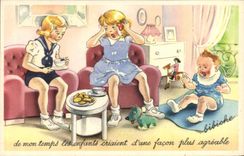 Niños de Bibiche del ilustrador de la fantasía de la POSTAL de la VENDIMIA