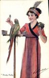 Pájaro bonito de Polly del loro de la mujer del ilustrador de la fantasía de la POSTAL de la VENDIMIA