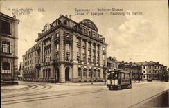 VINTAGE POSTCARD Bank Mulhouse Savings bank Suburb of Belfort Tram