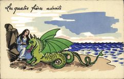 VINTAGE POSTCARD Fantasy Illustrator four brothers skilful Dragon