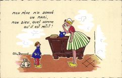 VINTAGE POSTCARD Fantaisie Illustrator Bossaert My father has gives a husband to me