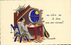 VINTAGE POSTCARD Fantasy Bossaert Illustrator With the moonlight my friend Pierrot