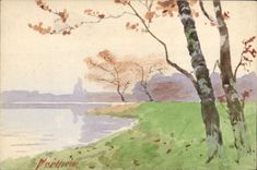 VINTAGE POSTCARD Fantasy Illustrator (drawing with the hand) Landscape Trees