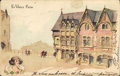 VINTAGE POSTCARD Fantasy Illustrator the Old man Paris Bridge with the exchange