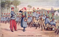 VINTAGE POSTCARD Militaria Algerian Riflemen the halt Publicity hair lotion Coudray Paris Hairdresser