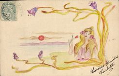 VINTAGE POSTCARD Drawing with the hand Woman