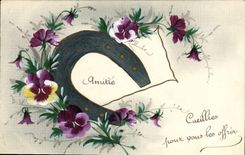 VINTAGE POSTCARD Dessin with the hand Fleurs Horseshoe