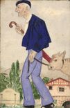 VINTAGE POSTCARD Peasant Drawing with the hand Cow
