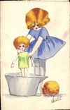 VINTAGE POSTCARD Drawing with the hand Children Headstock